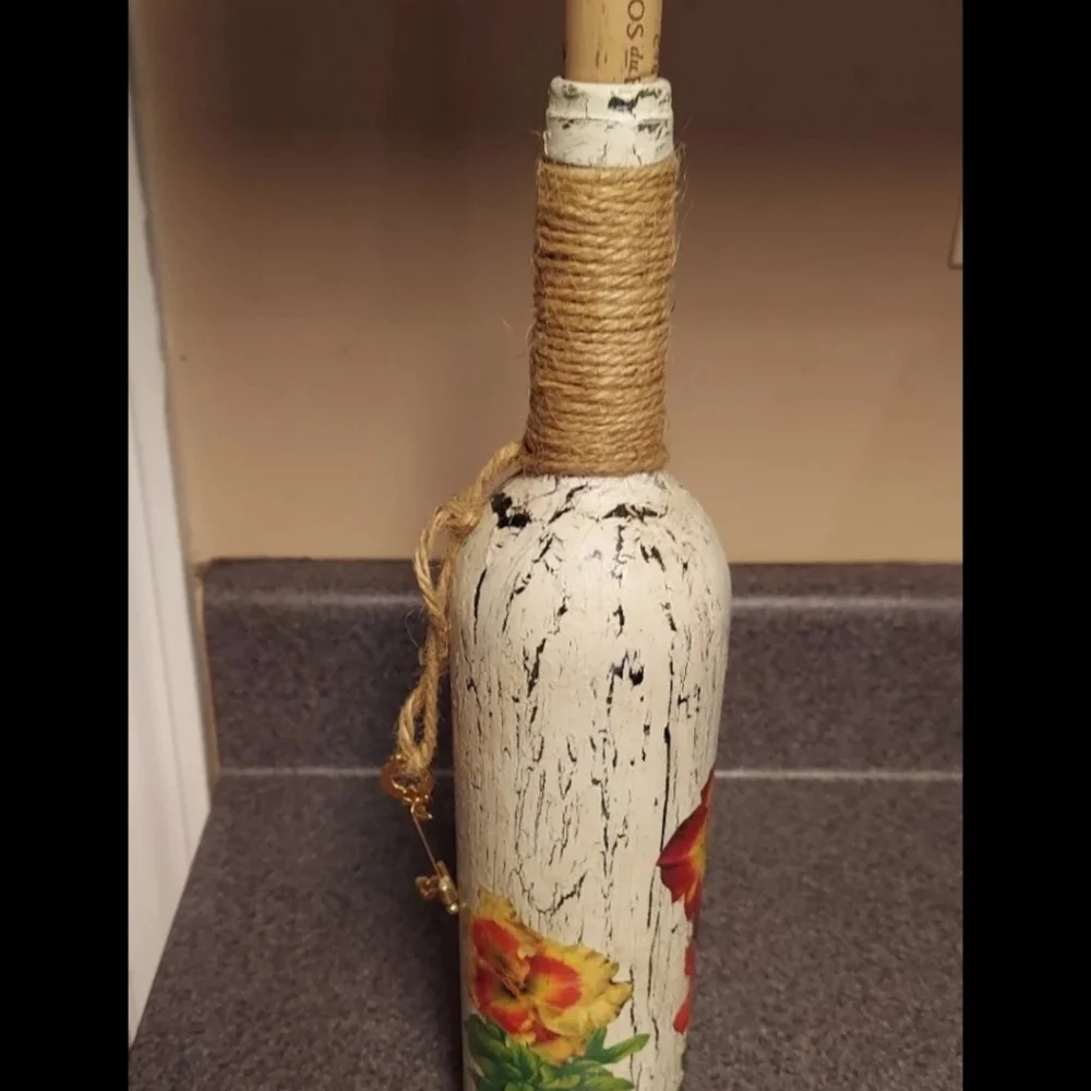 Hand Crafted Decoupage Wine Bottle Vase with Key Charm - Unique! EDC